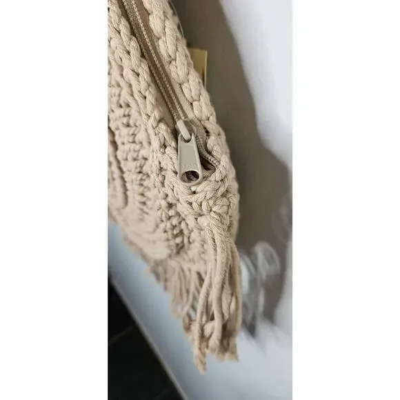 Collection Eighteen Handbag Beige Crochet Boho Shoulder Bag Fringe Woven Boho - Picture 5 of 11
